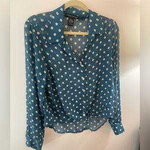 Living Doll Women Green Polka Dot Long Sleeve Button-Up blouse
